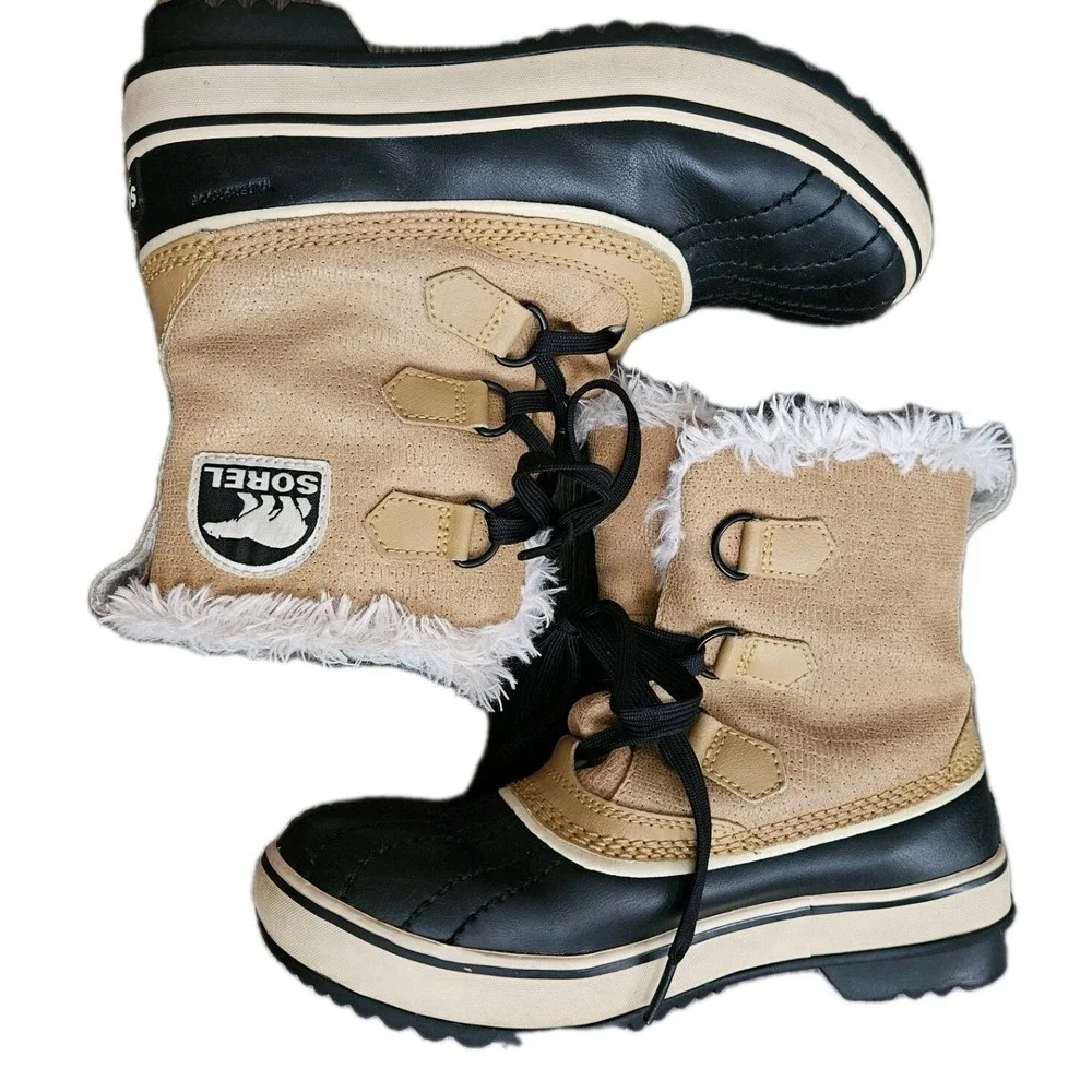 Sorel Winter‎ Boots Women 6 Tan Black Winter Waterproof Faux Fur Tivoli Leather